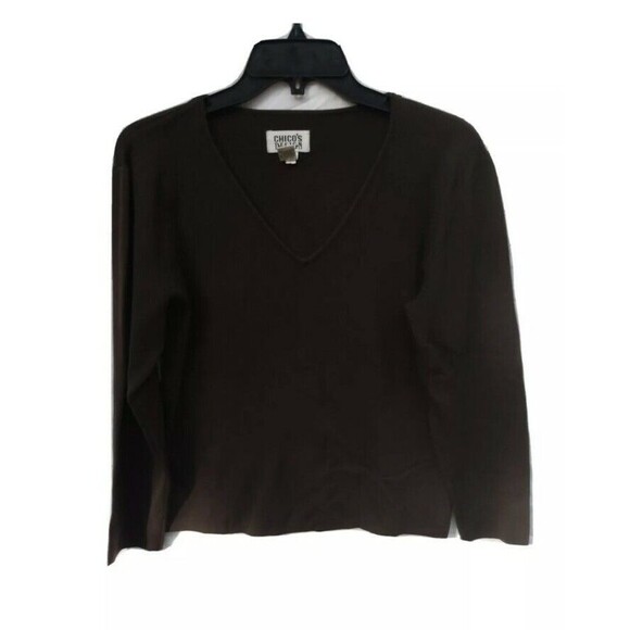 Chicos Design Woman Shirt Size 1 (S) Brown Long Sleeve V Neck Knit Silk Blend - Picture 1 of 3